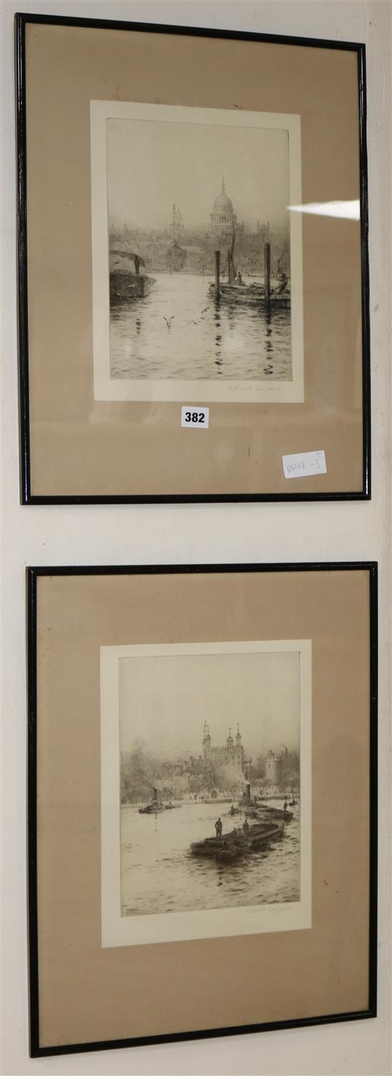 Rowland Langmaid, two etchings, The Tower from The Thames and St Pauls, signed in pencil, 28 x 21cm